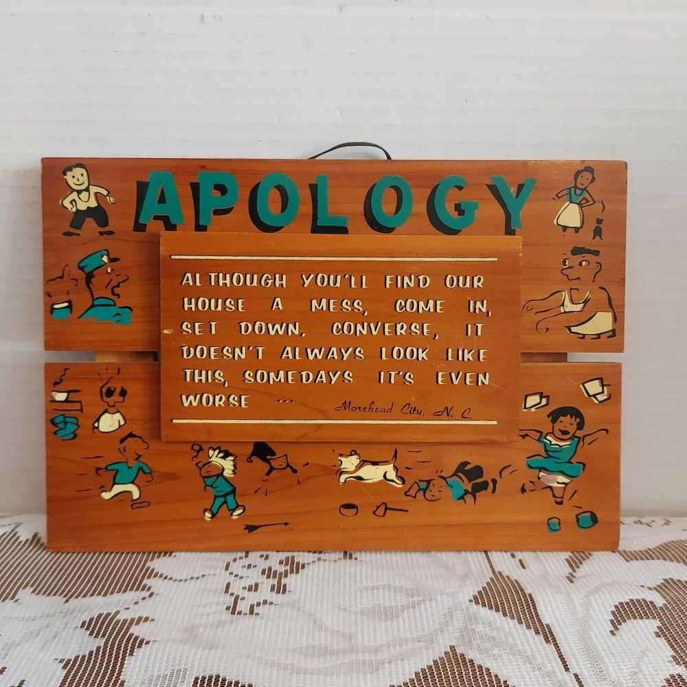 Vintage 1959 Wooden Apology Plaque Messy House Humor Morehead City NC Wall Decor